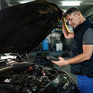 auto mechanic using diagnostic work tool while checking car engine workshop